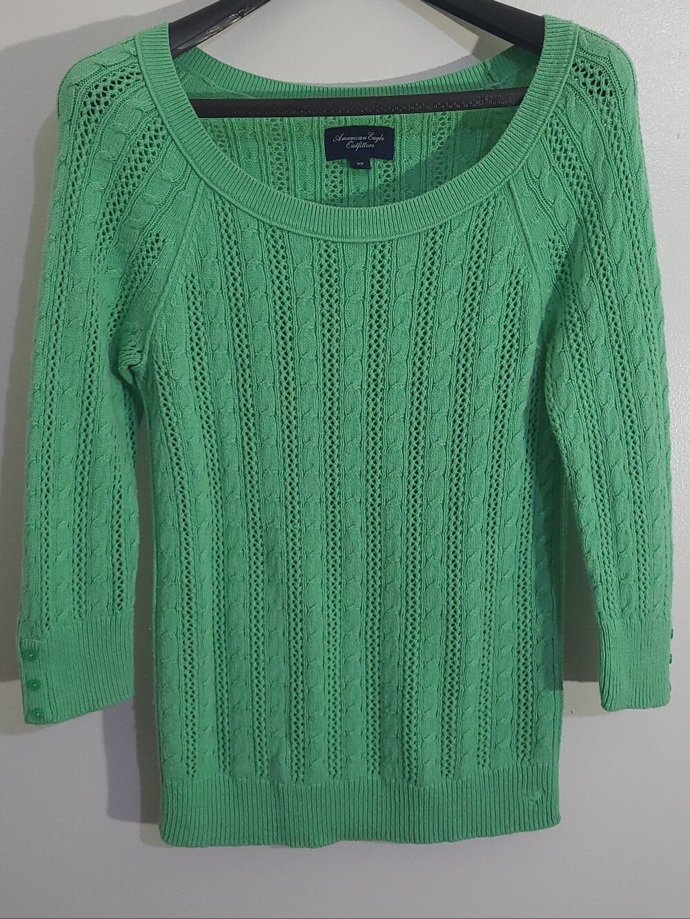 Y2K American Eagle Key Lime Green Cable Knit Scoop Neck Sweater 3/4 Sleeve Sz M